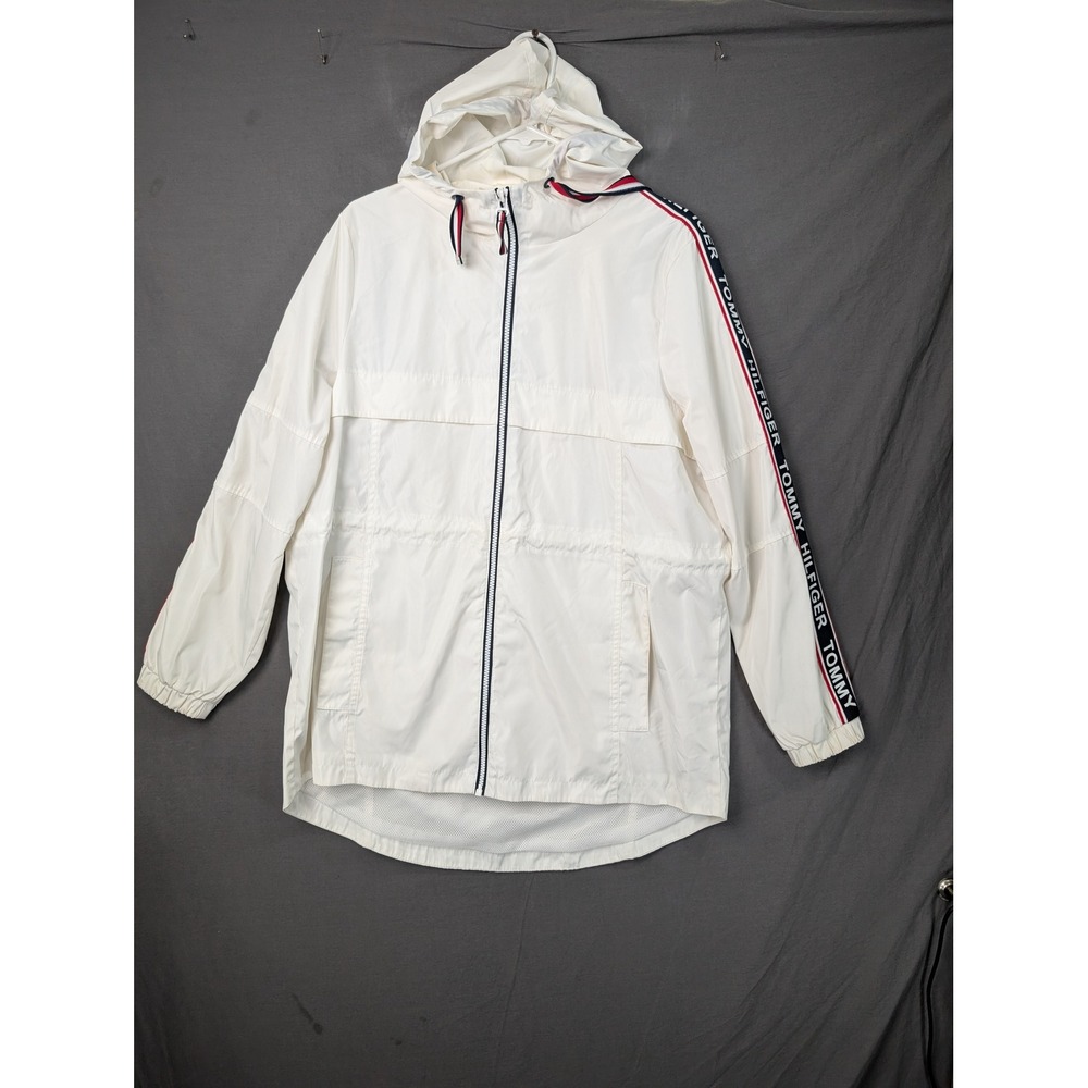 Tommy Hilfiger Womens White Logo Tape Hooded Windbreaker Jacket Medium 7744